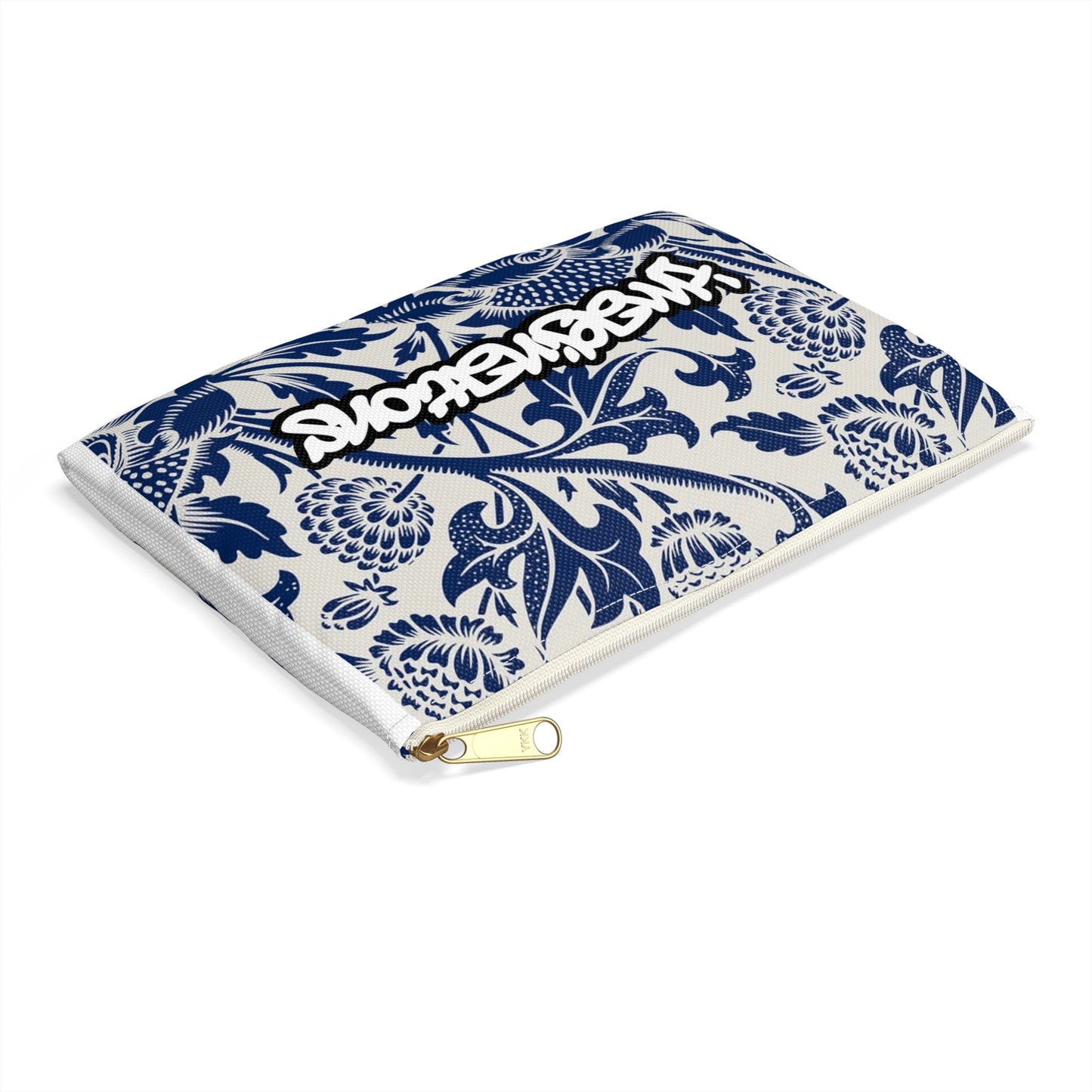 Blue Floral Pattern Accessory Pouch | Graffiti Script Accent