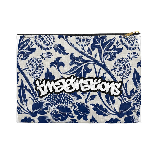 Blue Floral Pattern Accessory Pouch | Graffiti Script Accent