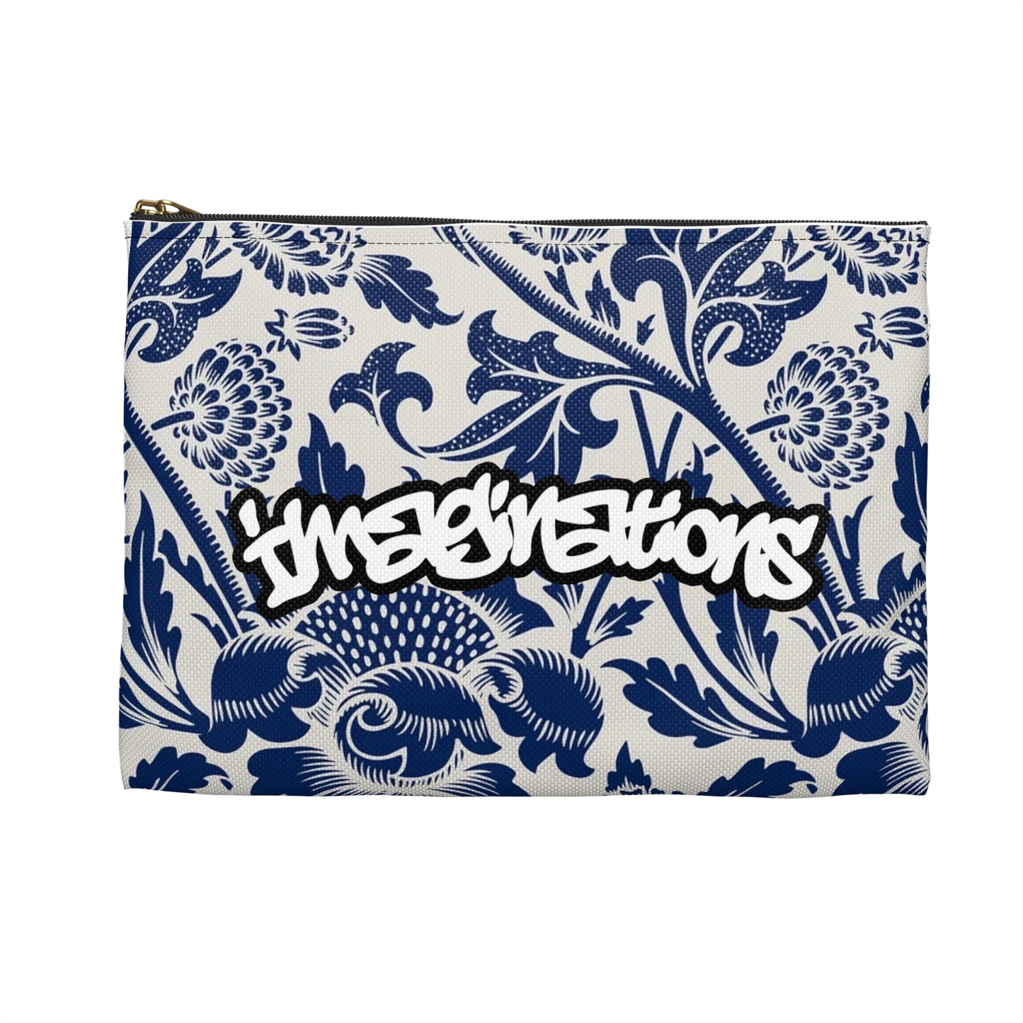 Blue Floral Pattern Accessory Pouch | Graffiti Script Accent