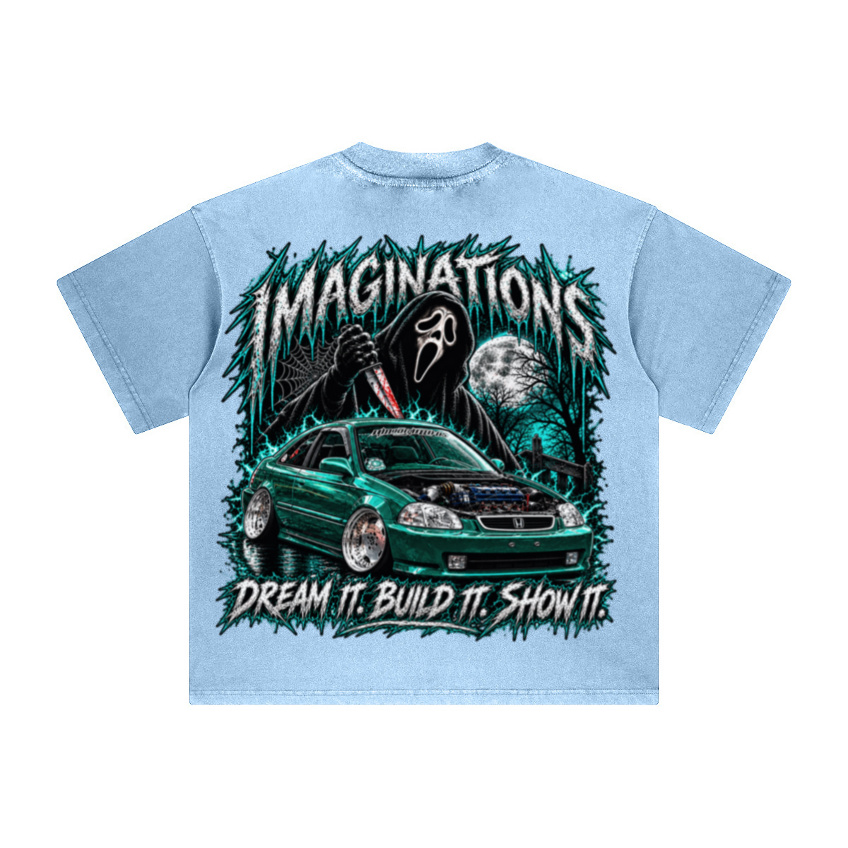 260GSM Unisex Heavyweight Re-Washed Distressed Crew Neck T-shirt Sky Blue