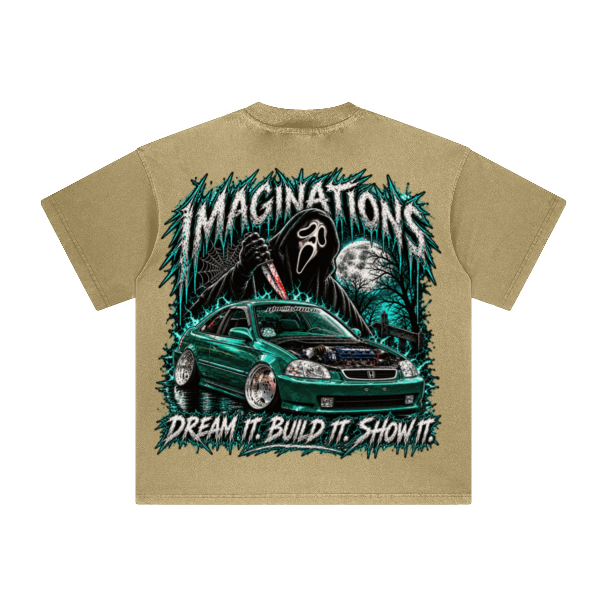 260GSM Unisex Heavyweight Re-Washed Distressed Crew Neck T-shirt Khaki
