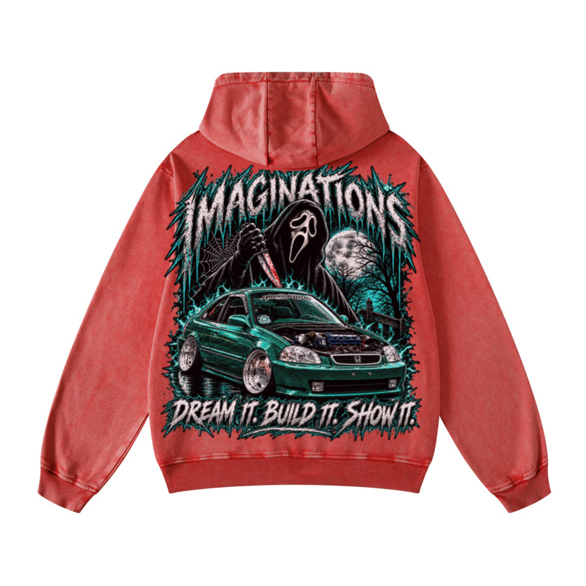 420GSM Men's Heavyweight Snow-Wash Oversized Pullover Hoodie Red